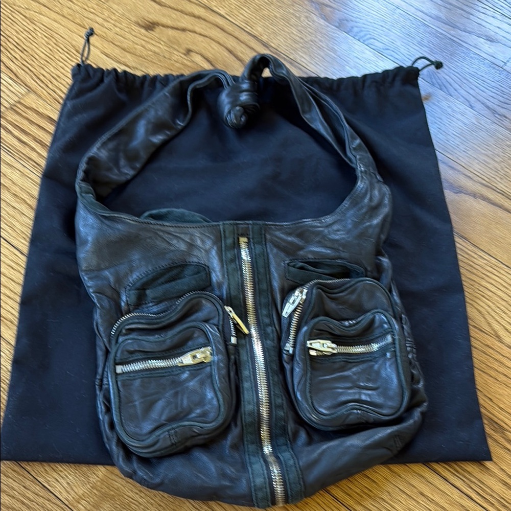 Alexander Wang Black Leather Messenger Bag with Gold Zippers